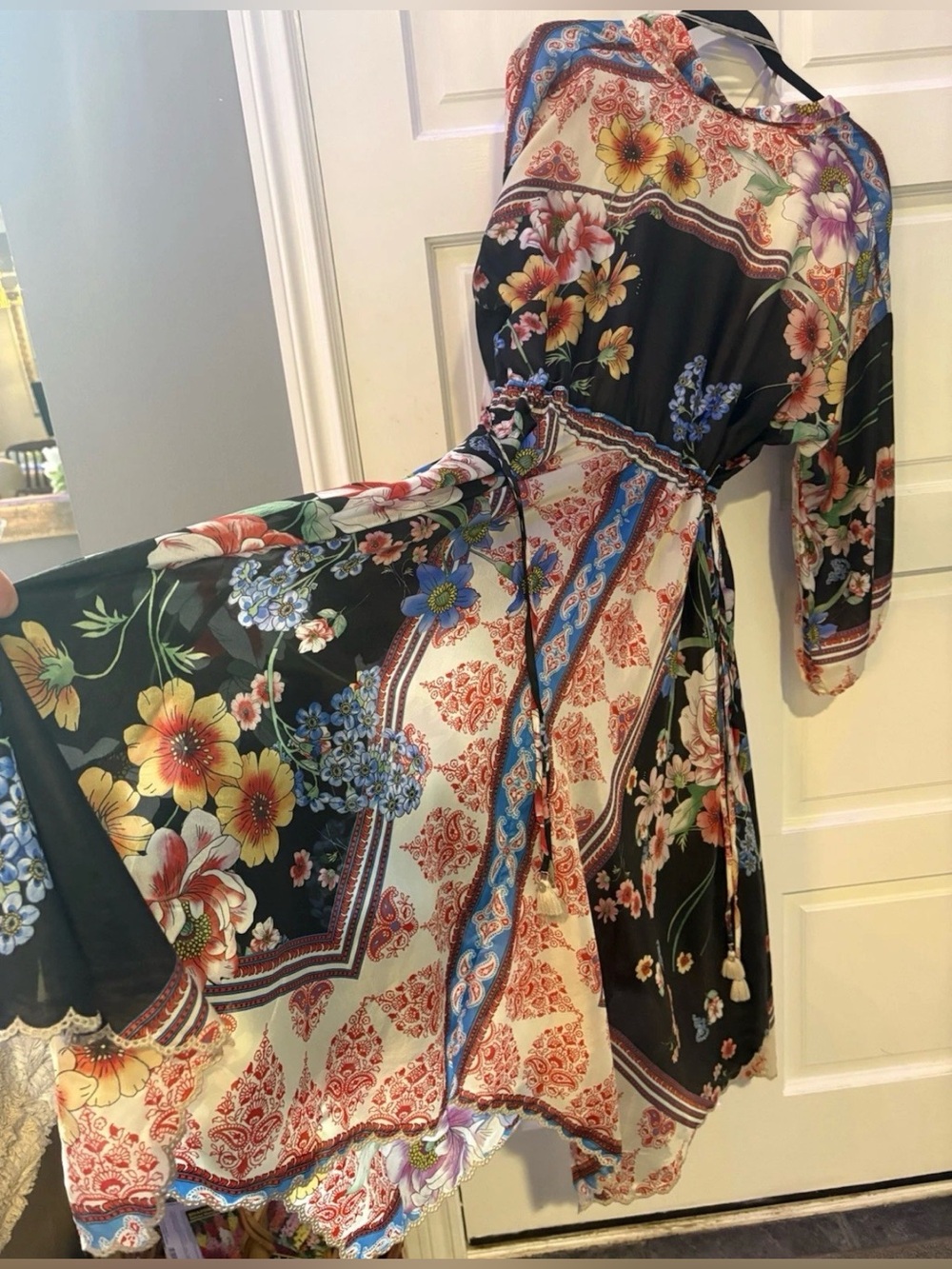 Johnny Was Multicolor Floral Patchwork Silk Handkerchief-Hem Dress - Picture 7 of 9
